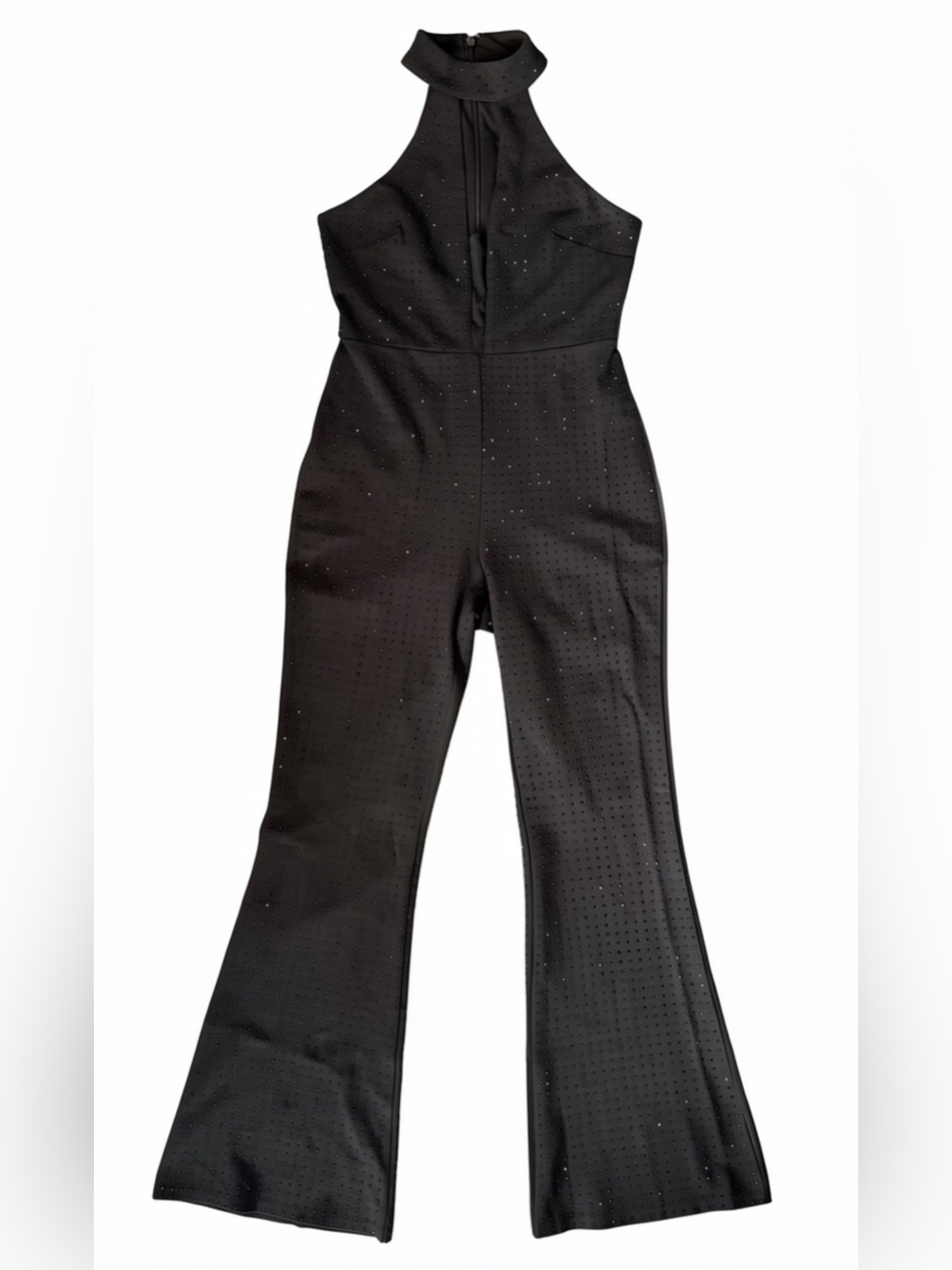 Bebe Black Rhinestone Embellished Halter Flare Leg Jumpsuit Size Small